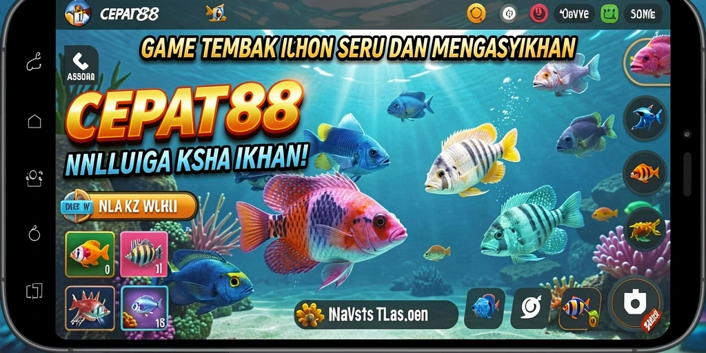 Screenshot menunjukkan pemain menembak ikan di lautan yang indah.