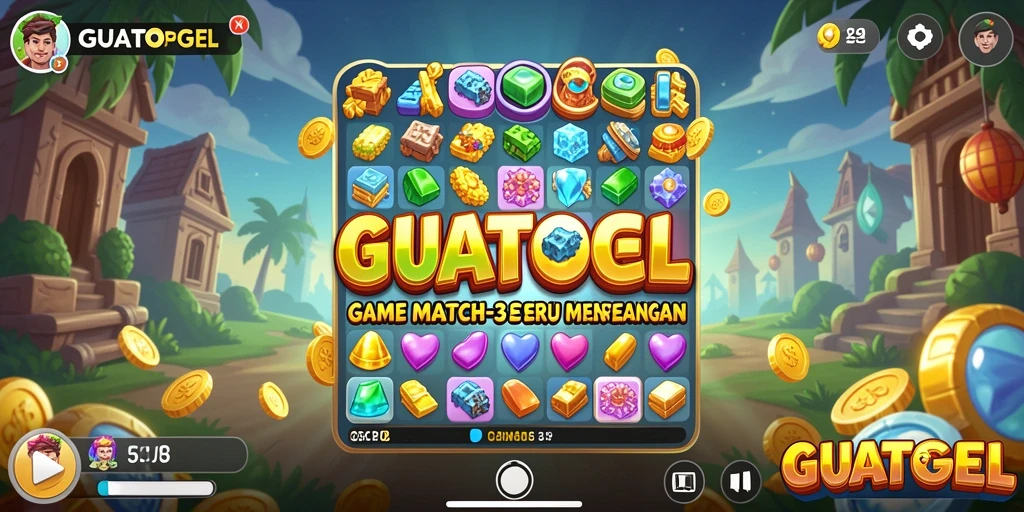 Tampilan gameplay GUATOGEL yang menampilkan keseruan mencocokkan batu permata.