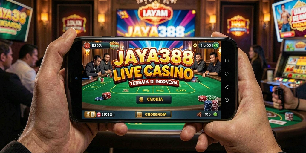 Screenshot utama JAYA388 menampilkan dealer langsung dalam permainan Live Casino.