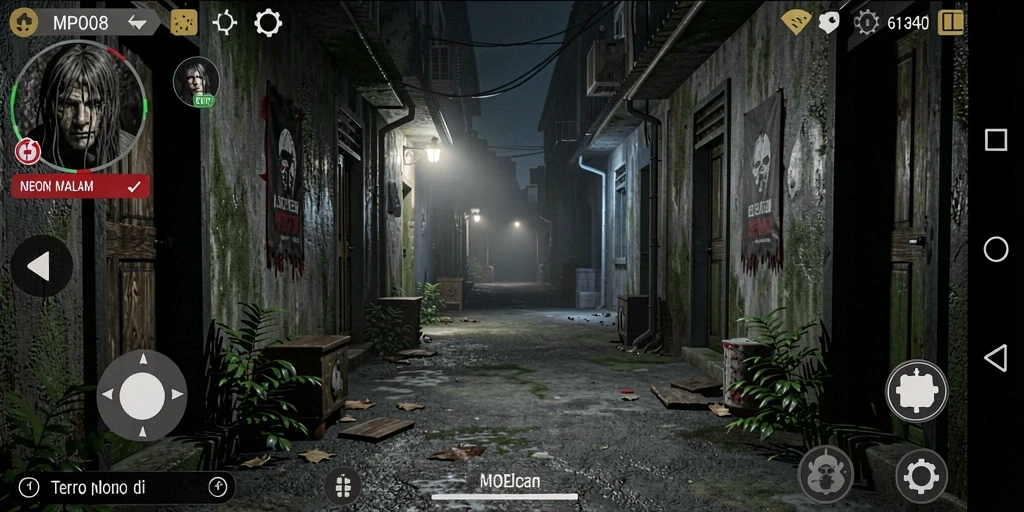 Gameplay MPO08 dengan suasana gelap dan menakutkan.