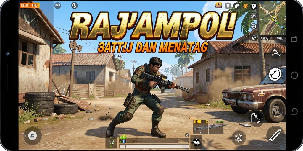 Tangkapan layar utama RAJAMPO menampilkan aksi intens Battle Royale.