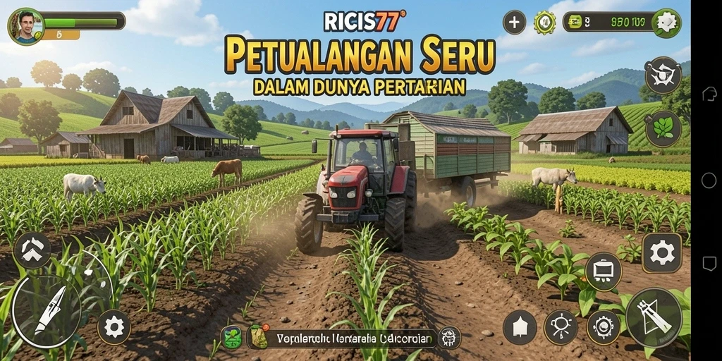 Tampilan gameplay RICIS77 dengan aktivitas bertani yang seru.