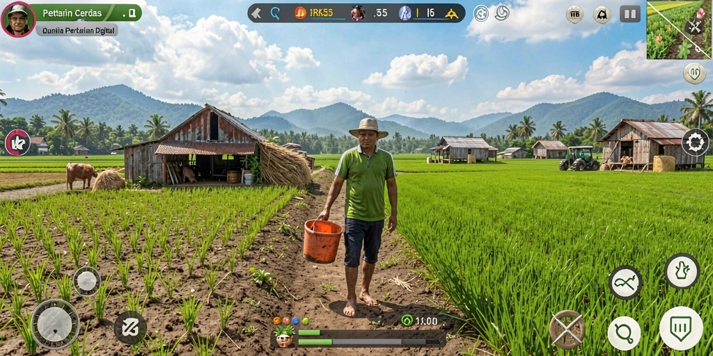 Screenshot RK55 menampilkan pemain yang aktif bekerja di ladang.