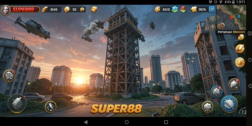 Tampilan menegangkan dari pertahanan tower di SUPER88.