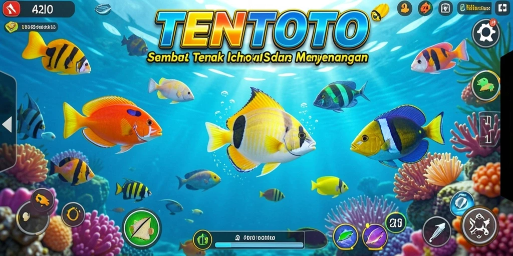 Tangkapan layar gameplay TENTOTO menampilkan aksi menembak ikan yang seru.
