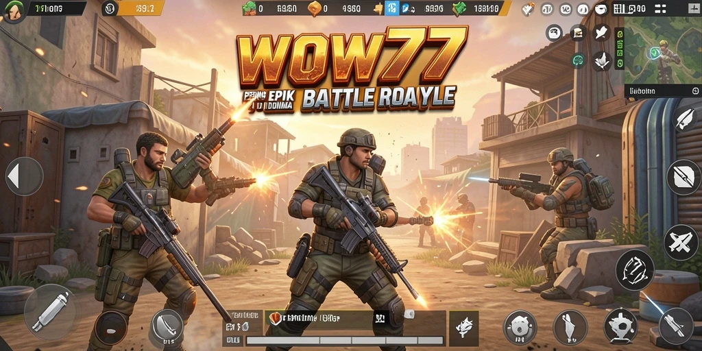 Screenshot WOW77 menunjukkan pertempuran seru di arena Battle Royale.