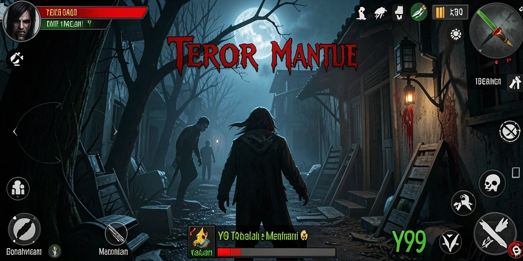 Screenshot gameplay Y89 menampilkan teror yang mencekam dengan efek suara yang menakutkan.